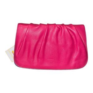 Baekgaard Genuine Leather Gathered Clutch Bag Azalea Pink & Turquoise NWT